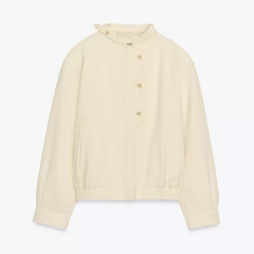 Zara Zw Collection Cream Button-Up Bomber Jacket Sz-L